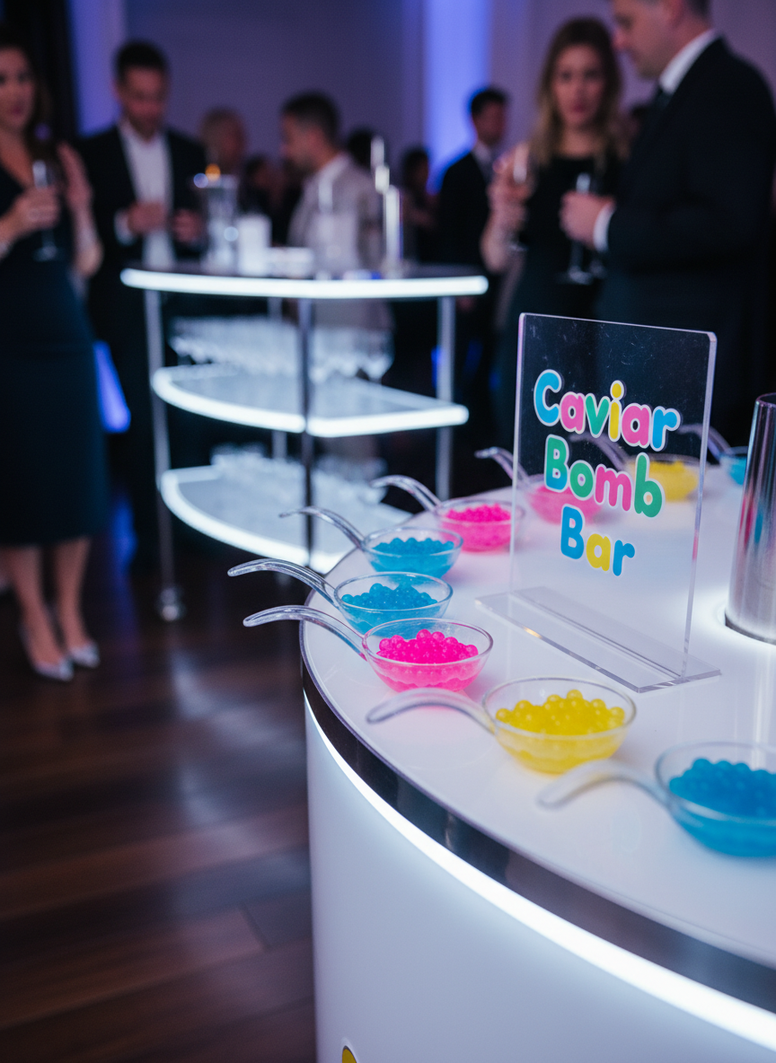 A dedicated caviar bomb station arranged on a rounded, glossy white cart beside the mobile bar. On top, a series of small, transparent spoons and mini glass dishes display shimmering pearls of colorful caviar-like spheres in neon pink, electric blue, and sunny yellow, ready to be dropped into sparkling beverages. A clear acrylic sign with curved edges and playful typography reads “Caviar Bomb Bar” in bright colors. LED strip lights hidden under the cart’s edge give off a soft, glowing halo on the polished floor. Captured at a close, three-quarter angle with a shallow depth of field, the lighting is bright and crisp, emphasizing texture and shine. The mood is experimental, fun, and high-end, with a whimsical, futuristic twist in photographic realism.