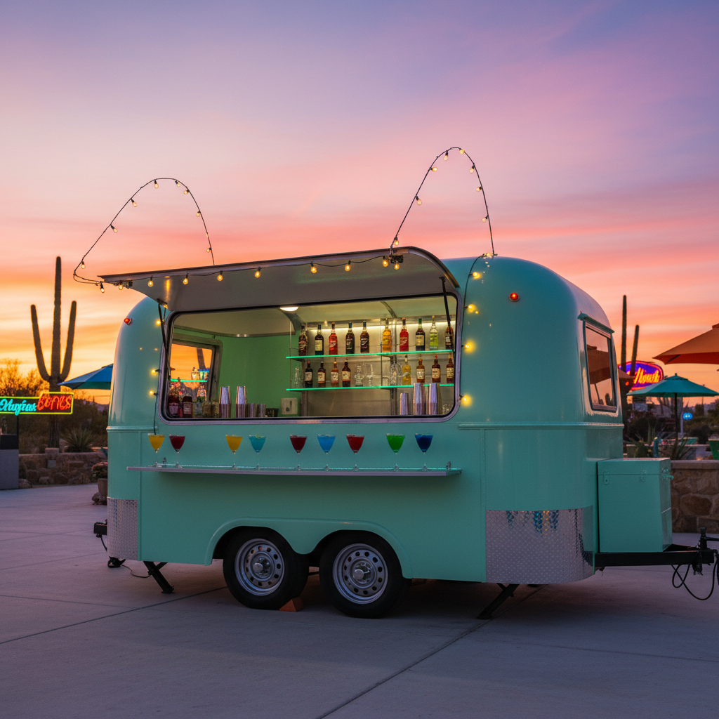 A compact, stylish mobile bar trailer with rounded corners and a glossy mint-green exterior, parked on a smooth concrete patio. Its serving window is fully open, revealing illuminated glass shelves lined with colorful syrup bottles, crystal-clear shakers, and elegant stemless glasses filled with jewel-toned mocktails. String lights arch playfully over the roof, casting a warm, festive glow as the sun sets in a bright Texas sky. The scene is photographed at eye level with a wide-angle lens, creating a sense of space and energy. The background is softly blurred, with hints of cacti, neon signs, and vibrant umbrellas, emphasizing a playful, high-end yet whimsical atmosphere in photographic realism.