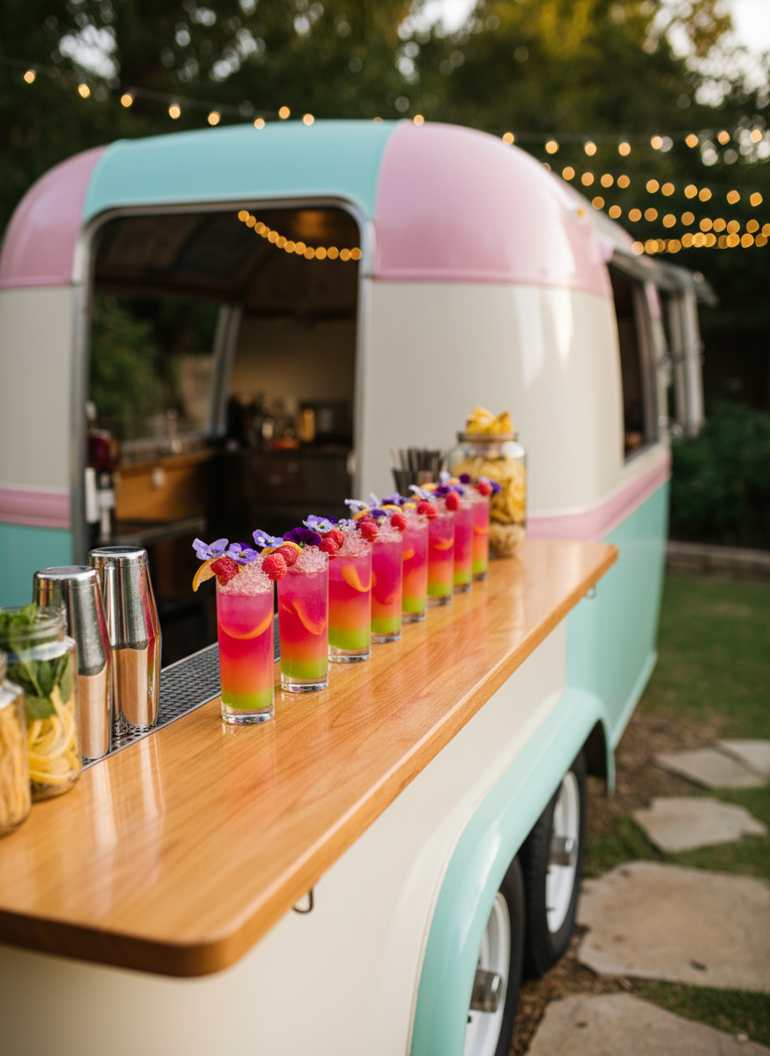 A gleaming wooden bar counter that folds out from the side of a rounded mobile bar trailer, overflowing with playful mixology creations. On the counter, a row of tall glasses holds colorful signature cocktails and alcohol-free mocktails layered in bright pinks, citrus oranges, and lime greens, each topped with fresh fruit, edible flowers, and caviar-like bursting spheres. Beside them, polished stainless-steel shakers and a glass jar of garnishes catch the golden-hour sunlight. The trailer’s exterior is a creamy white with pastel accents, set in a sunlit Texas backyard with blurred greenery and fairy lights in the background. Shot from a slightly elevated angle with shallow depth of field, the mood is vibrant, inviting, and celebratory with modern photographic realism and rounded, joyful forms.