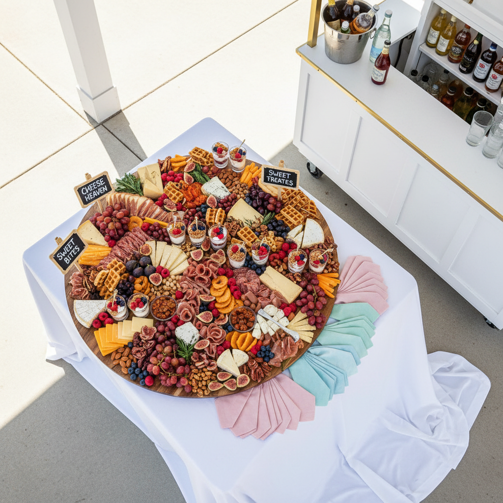 An overhead view of a beautifully arranged snack station set up beside a mobile bar, featuring a large, round wooden charcuterie board. The board is packed with artisanal cheeses, cured meats, colorful fresh fruits, nuts, and whimsical touches like mini waffle bites and tiny yogurt parfait shooters in clear cups. Small chalkboard-style labels with playful typography sit near each section. The tablecloth underneath is a clean, bright white with curved, flowing edges, and pastel napkins are fanned out in rounded shapes. Bright natural daylight from an open pavilion roof creates soft, even lighting with gentle shadows. The composition uses a bird’s-eye perspective and crisp focus on every detail, evoking an abundant, playful yet upscale atmosphere in vibrant photographic realism.